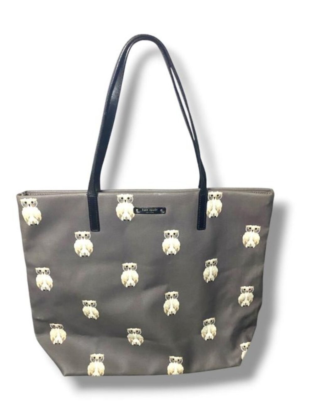 Kate Spade RARE RETIRED
New York Owl Tote Bag Gray Canvas Black Leather Handles